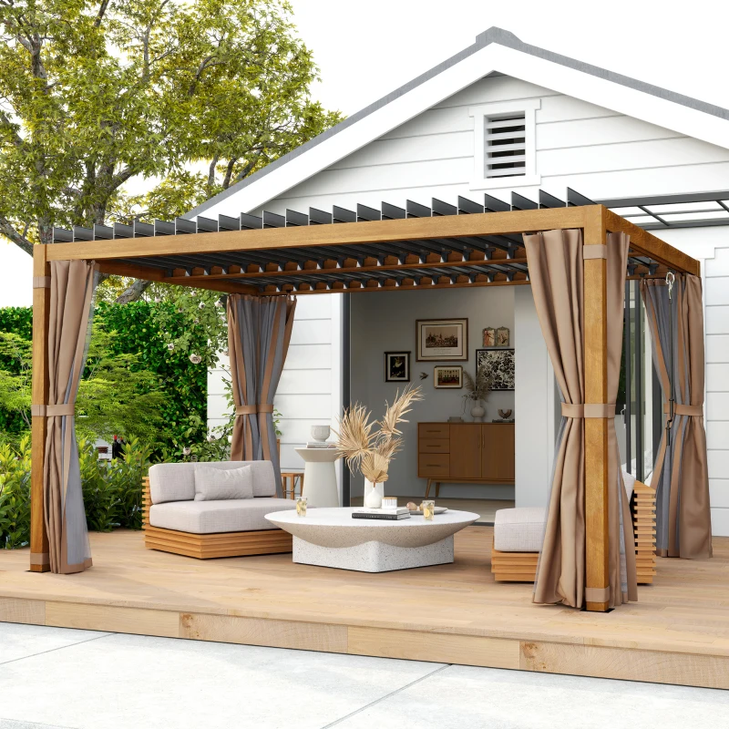 Outsunny 10' x 13' Outdoor Retractable Pergola w/ Sun Shade Louvered Top, Pergola w/ Canopy, Curtains, Netting, Natural Wood
