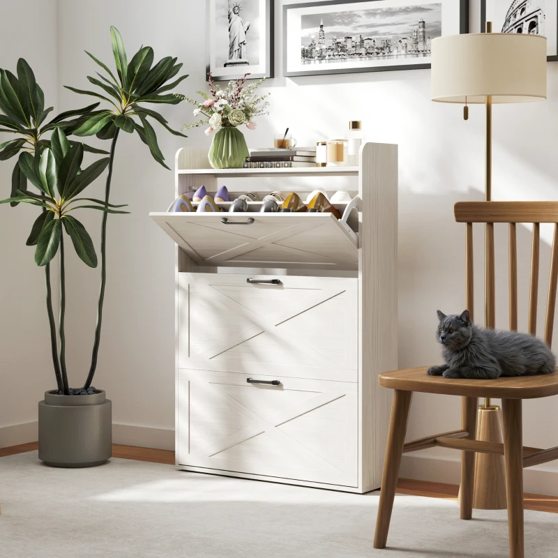 HOMCOM Narrow Shoe Storage Cabinet Farmhouse Shoe Cabinet with 3 Flip Drawers Adjustable Shelves for Entryway White Oak