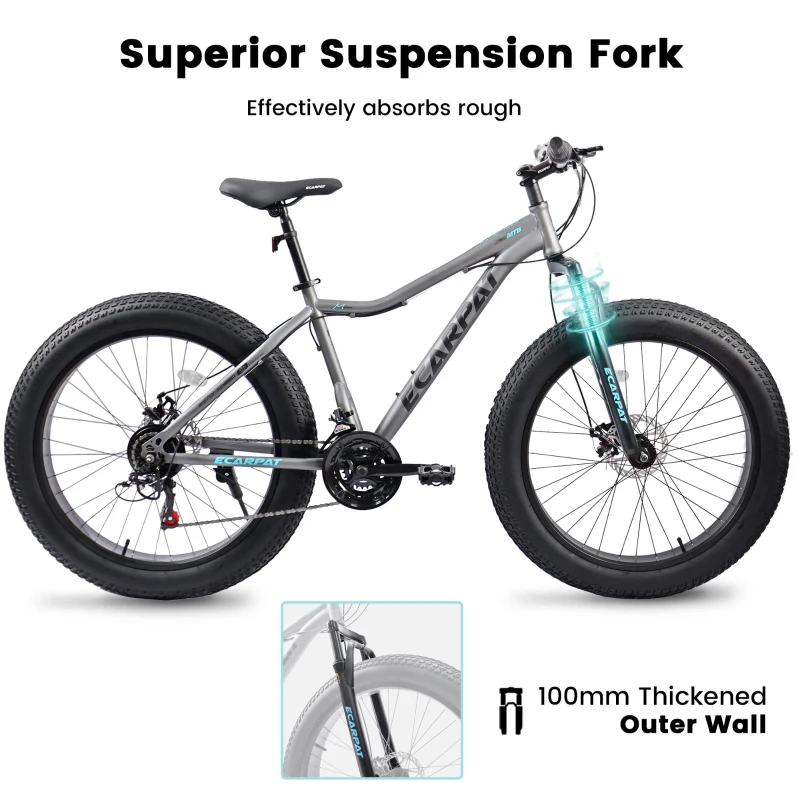 26" Fat Tire Mountain Bike with 21-Speed Drivetrain, High Carbon Steel Frame, Shock Absorbing Design, 74" L x 27.5" W x 41.5" H, Gray