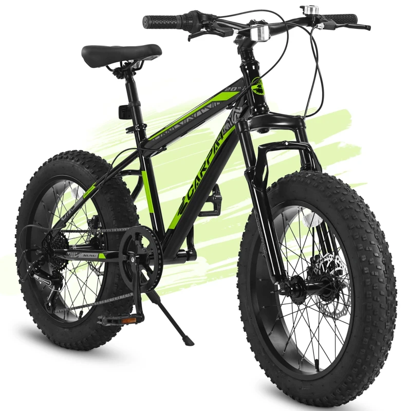 20" Kids' Fat Tire Mountain Bike with 7-Speed Drivetrain, and Shock-Absorbing Front Fork, for Ages 8-12, 63" L x 24.5" W x 35" H, Blackish Green
