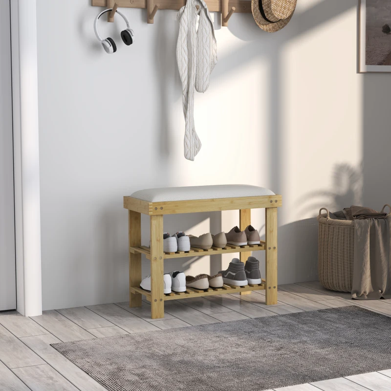 HOMCOM Bamboo Shoe Storage Bench, 3-Tier Entryway Bench with Cushion, Shoe Organizer for Entryway, Hallway, Cream White