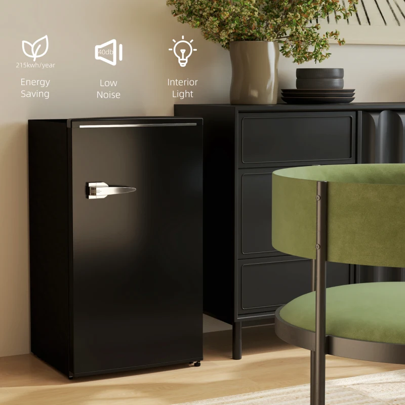 HOMCOM Retro Mini Fridge, 3.1 Cu. Ft Single Door Compact Refrigerator with Adjustable Thermostat, 2 Glass Shelves, Black