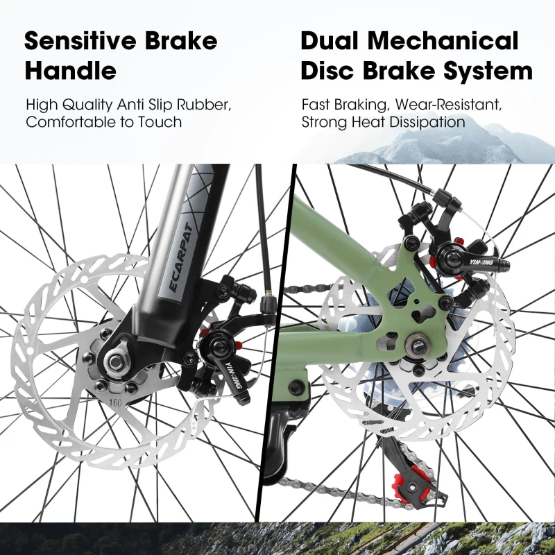 27.5" High Carbon Steel Mountain Bike with Disc Brakes, Thumb Shifter, Front Fork Suspension, 21-Speed Trail Commuter for All Terrains, Green