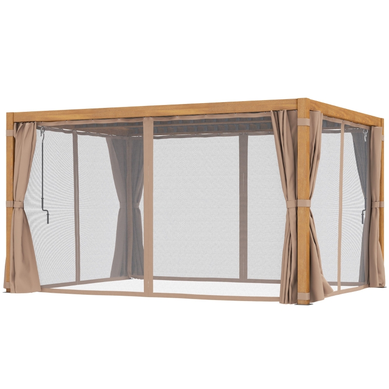 Outsunny 10' x 13' Outdoor Retractable Pergola w/ Sun Shade Louvered Top, Pergola w/ Canopy, Curtains, Netting, Natural Wood