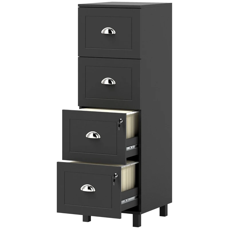 HOMCOM 4 Drawer File Cabinet with Lock, Office Filing Cabinet, A4 Letter Size, Hanging File Folders, Black