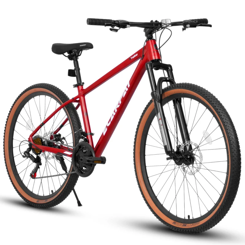 27.5" Mountain Bike with Dual Disc Brakes, Front Fork Suspension, 21-Speed Aluminum Trail Commuter, 68.5" L x 27.5" W x 40" H, Red