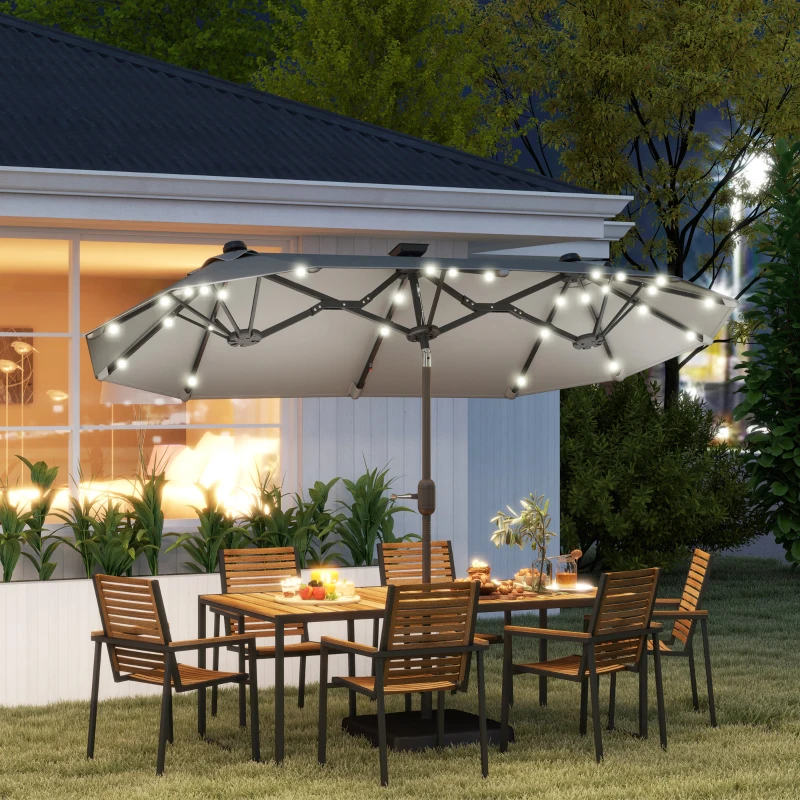 Outsunny Double-sided Outdoor Patio Umbrella with Solar Lights and Base, Dining Table Umbrella Push Button Tilt, Gray