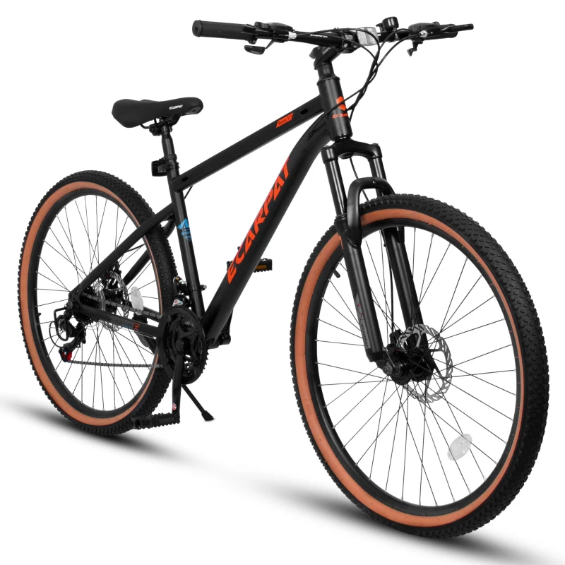 27.5" High Carbon Steel Mountain Bike with Dual Disc Brakes, Thumb Shifter, All-Terrain Tires, 21-Speed Trail Commuter for Adults, Black+Red