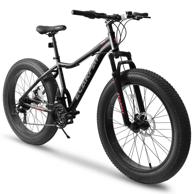 26" Fat Tire Mountain Bike with 21-Speed Drivetrain, Dual Disc Brakes, 4" Wide Wheels for Trail, Beach, Snow, and City Riding, Black