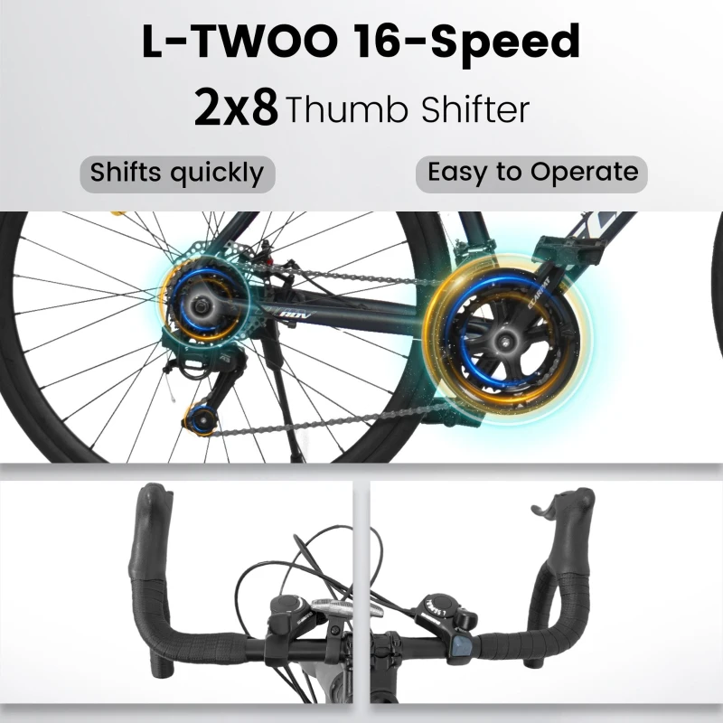 L Size 700C Road Bike with 16-Speed Drivetrain and Disc Brakes, Racing and Commuting Bicycle for Men and Women, Dark Blue