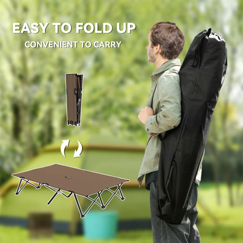 Outsunny 76" Two Person Folding Camping Cot Outdoor Portable Double Cot Wide Military Sleeping Bed w/ Carrying Bag Khaki