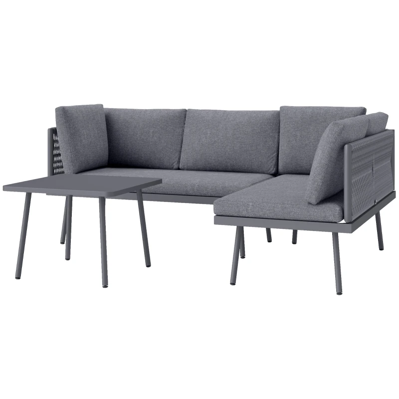 Outsunny 3 Pieces Outdoor Furniture Set, L Shaped Wicker Patio Furniture Conversation Set with Cushions, Steel Table, Grey
