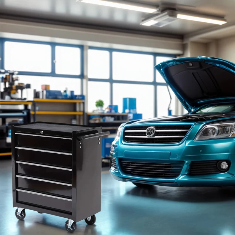 HOMCOM 5 Drawer Roller Tool Chest, Mobile Lockable Toolbox, Storage Organizer with Handle for Workshop Mechanics Garage, Black