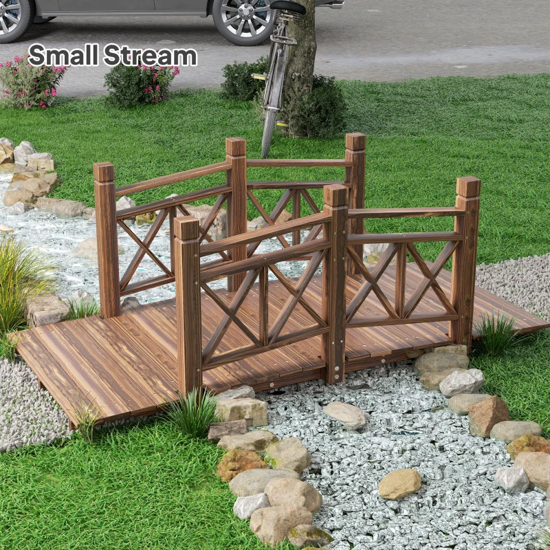 Outsunny 5 ft. Wooden Garden Bridge Footbridge for Backyard Ponds, Creeks, Streams, Carbonized