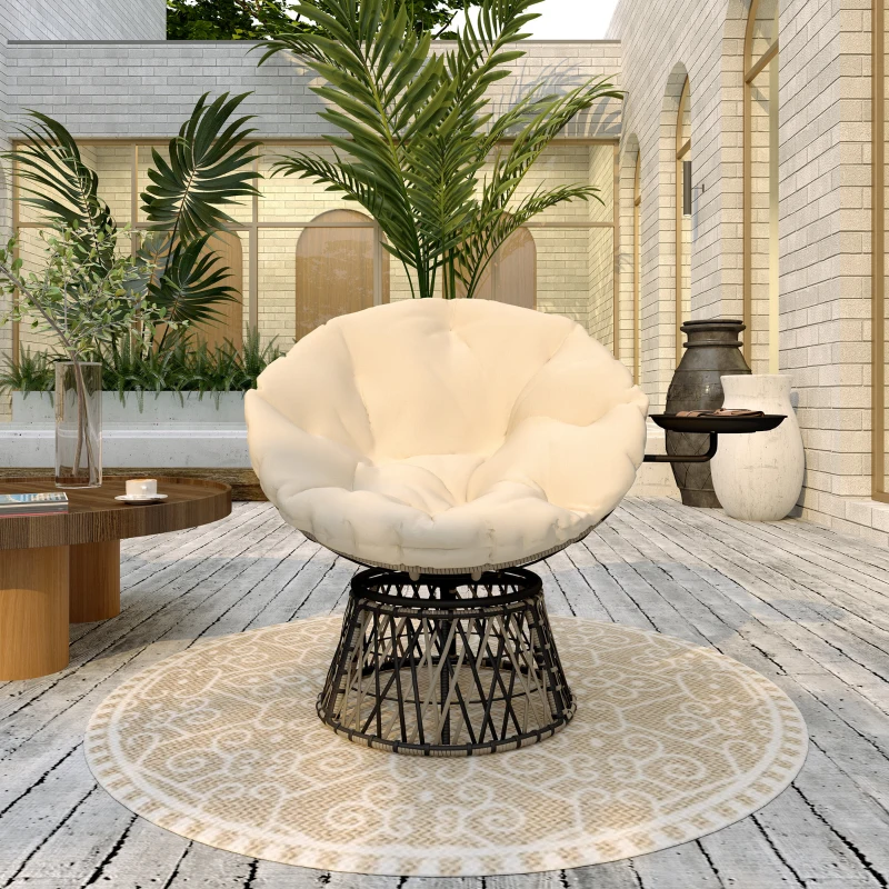 Outsunny 360° Swivel Outdoor Papasan Chair, 39" Overstuffed Circle Chair with Side Tray, Thick Cushion for Indoor Patio, Beige