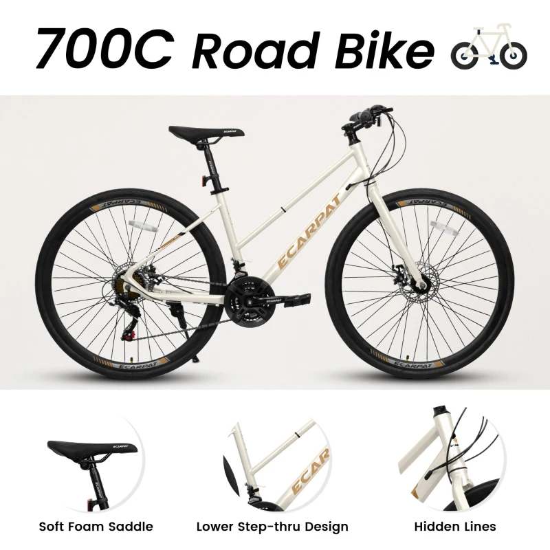 21-Speed 700C Road Hybrid Bike with Dual-Disc Brakes for Adults, 85% Pre-Assembled, 68" L x 27.5" W x 37.5" H, Cream