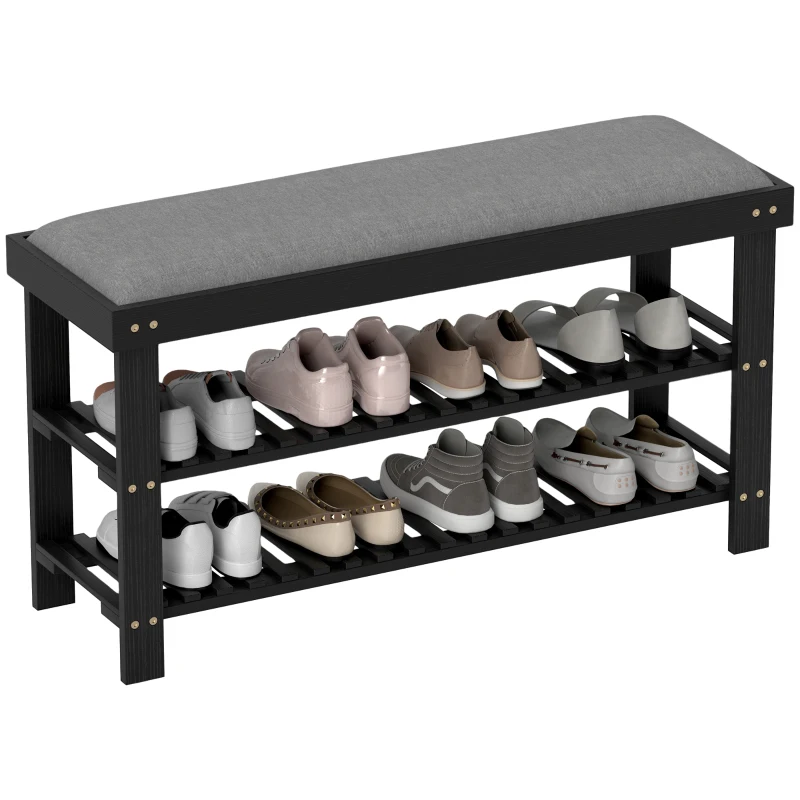 HOMCOM Bamboo Shoe Storage Bench, 3-Tier Entryway Bench with Cushion, Shoe Organizer for Entryway, Hallway, Black