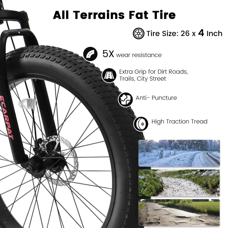 26" Fat Tire Mountain Bike with 21-Speed Drivetrain, Dual Disc Brakes, 4" Wide Wheels for Trail, Beach, Snow, and City Riding, Black