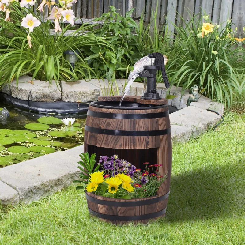 Outsunny 23" H Outdoor Water Fountain Wood and Plastic Rustic Apple Barrel Pump Garden Decor for Outside Backyard