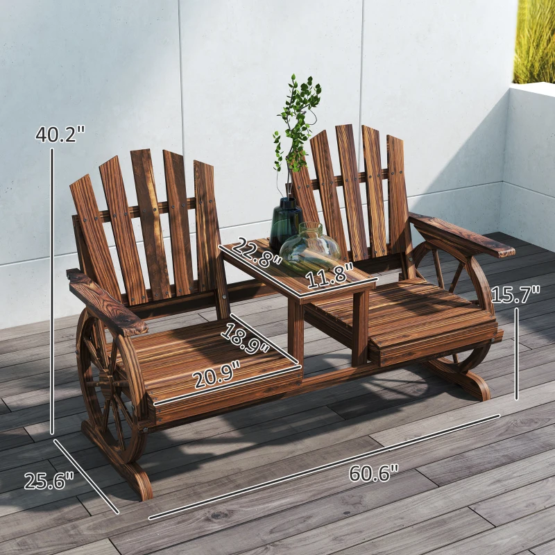 Outsunny 2-Seat Wooden Garden Bench with Table, Umbrella Hole, High Backrest, Armrests for Backyard, Patio, Garden, Carbonized