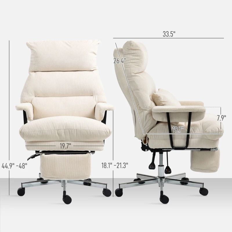 HOMCOM Executive Office Chair with Lumbar Support, Footrest, High Back Reclining Overstuffed Desk Chair with, Cream White