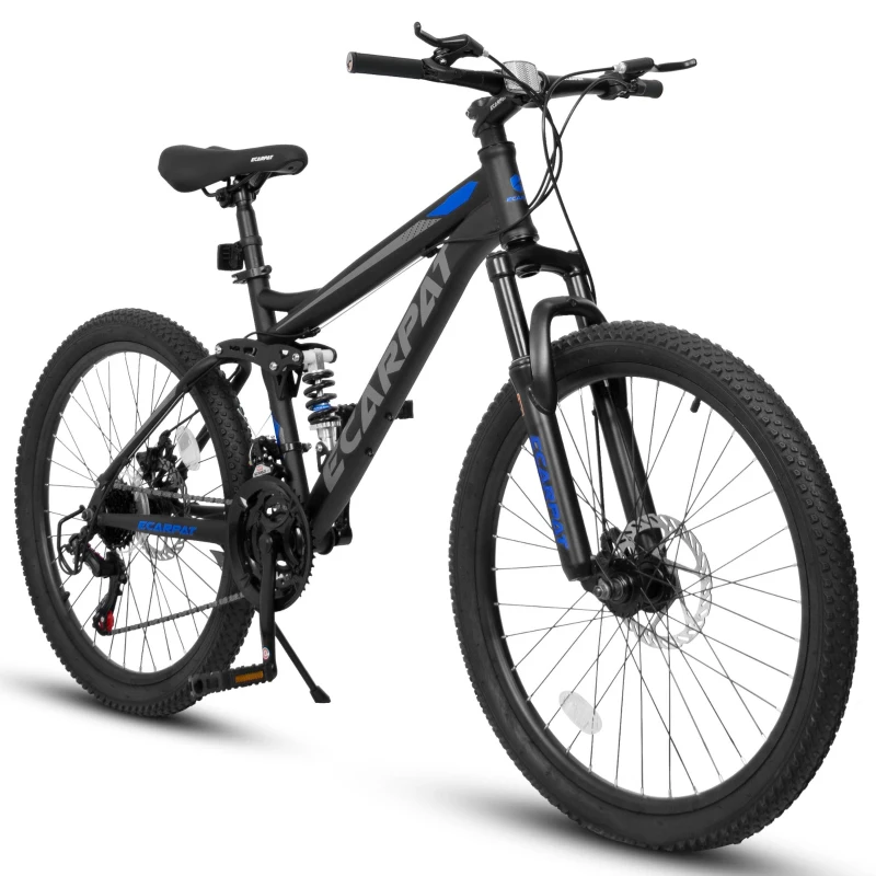 27.5" High Carbon Steel Mountain Bike with Disc Brakes, Grip Shifter, Front Fork, Shock Absorber, 21-Speed Full Suspension Trail Commuter, Black