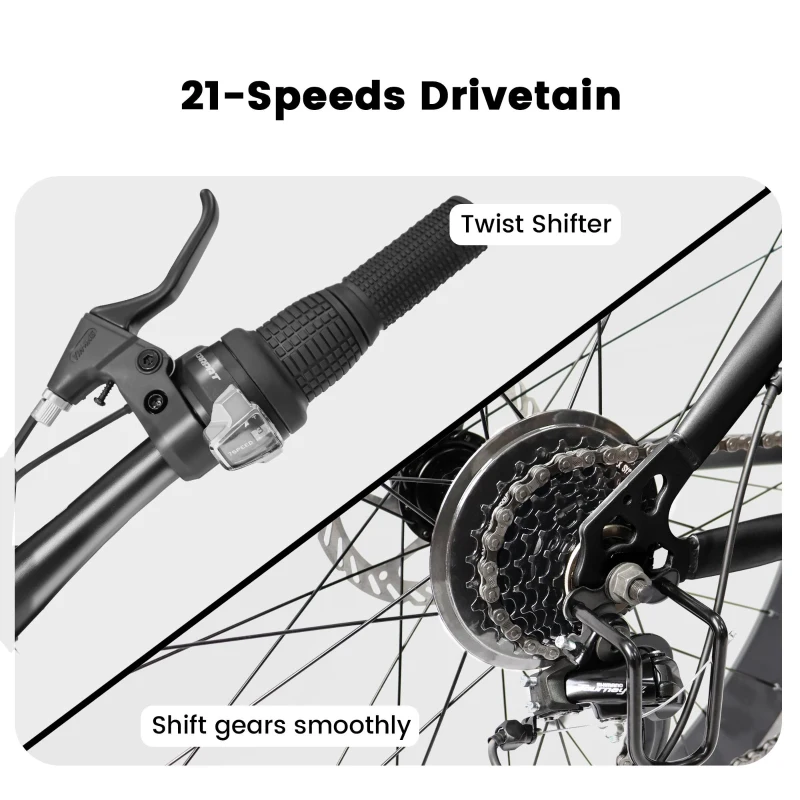 26" Fat Tire Mountain Bike with 21-Speed Drivetrain, Dual Disc Brakes, 4" Wide Wheels for Trail, Beach, Snow, and City Riding, Black