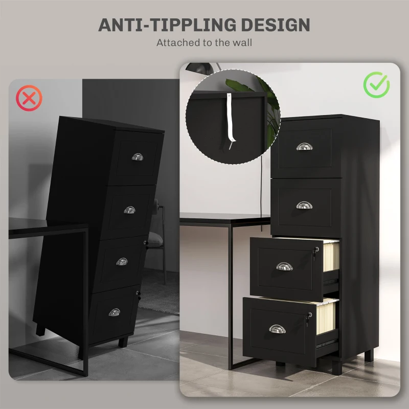 HOMCOM 4 Drawer File Cabinet with Lock, Office Filing Cabinet, A4 Letter Size, Hanging File Folders, Black