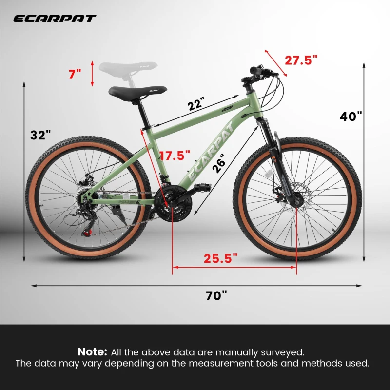 27.5" High Carbon Steel Mountain Bike with Disc Brakes, Thumb Shifter, Front Fork Suspension, 21-Speed Trail Commuter for All Terrains, Green
