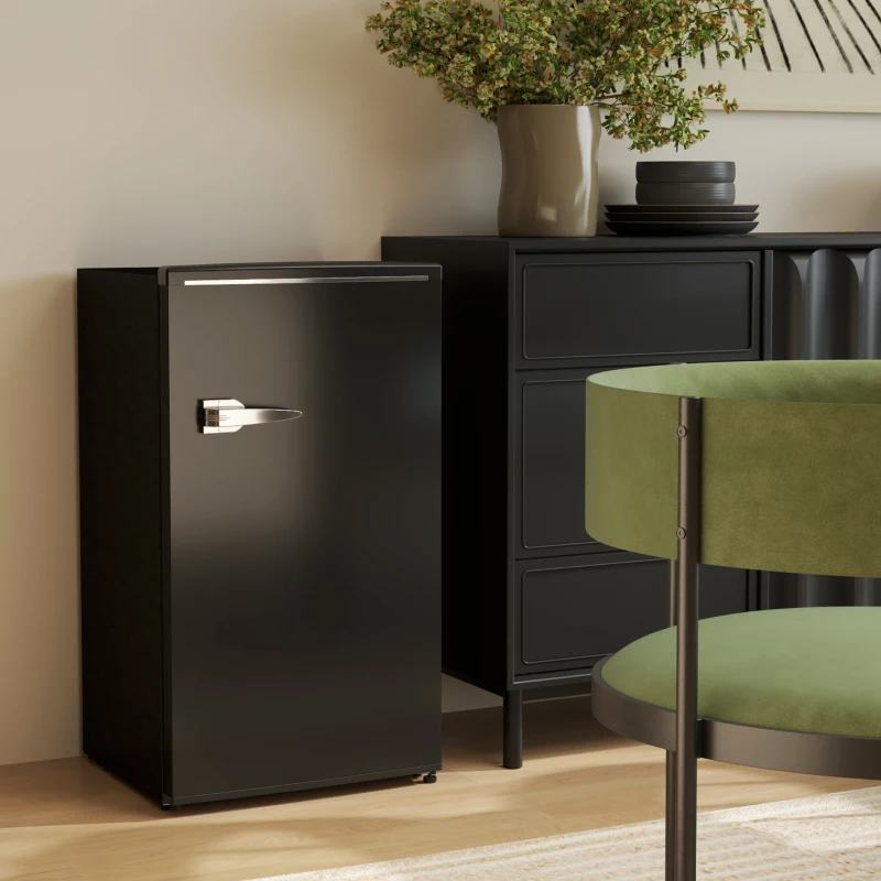 HOMCOM Retro Mini Fridge, 3.1 Cu. Ft Single Door Compact Refrigerator with Adjustable Thermostat, 2 Glass Shelves, Black