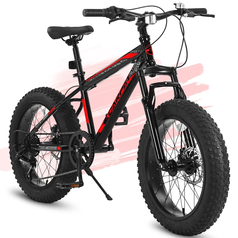 20" Kids' Fat Tire Mountain Bike with 7-Speed Drivetrain, and Dual Disc Brakes, for Ages 8-12, 63" L x 24.5" W x 35" H, Black+Red
