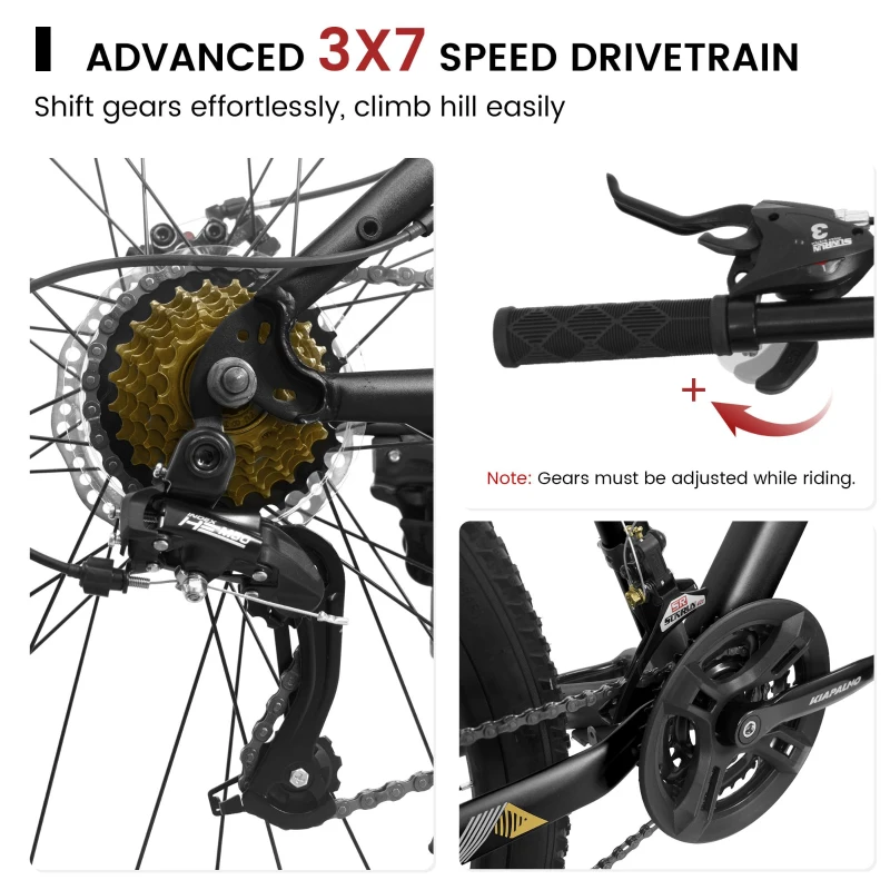 26" Mountain Bike with 21-Speed High-Carbon Steel Frame, Dual Disc Brakes, Adjustable Seatpost, 67" L x 26.5" W x 38.5" H, Black+Gray