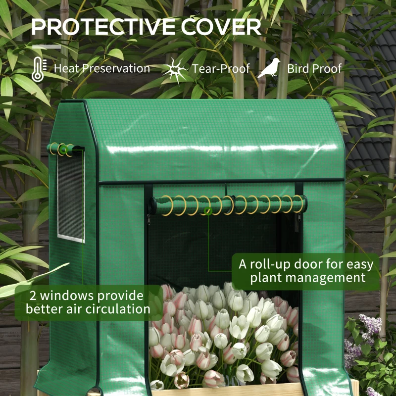 Outsunny Raised Planter Box with PE Greenhouse Cover and Bed Liner, Wooden Garden Bed for Vegetables, Flowers, Herbs