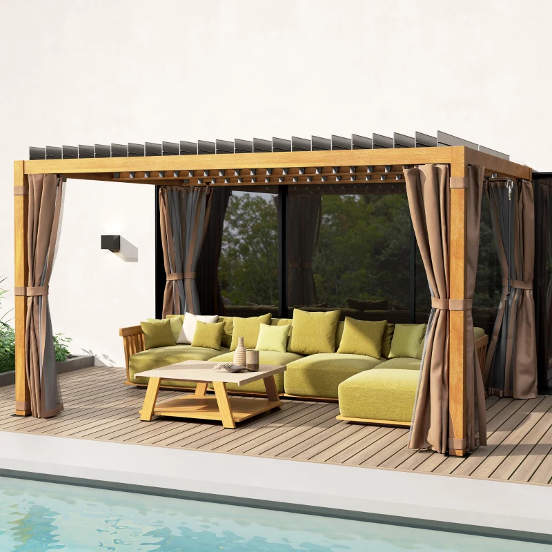 Outsunny 10' x 13' Outdoor Retractable Pergola w/ Sun Shade Louvered Top, Pergola w/ Canopy, Curtains, Netting, Natural Wood