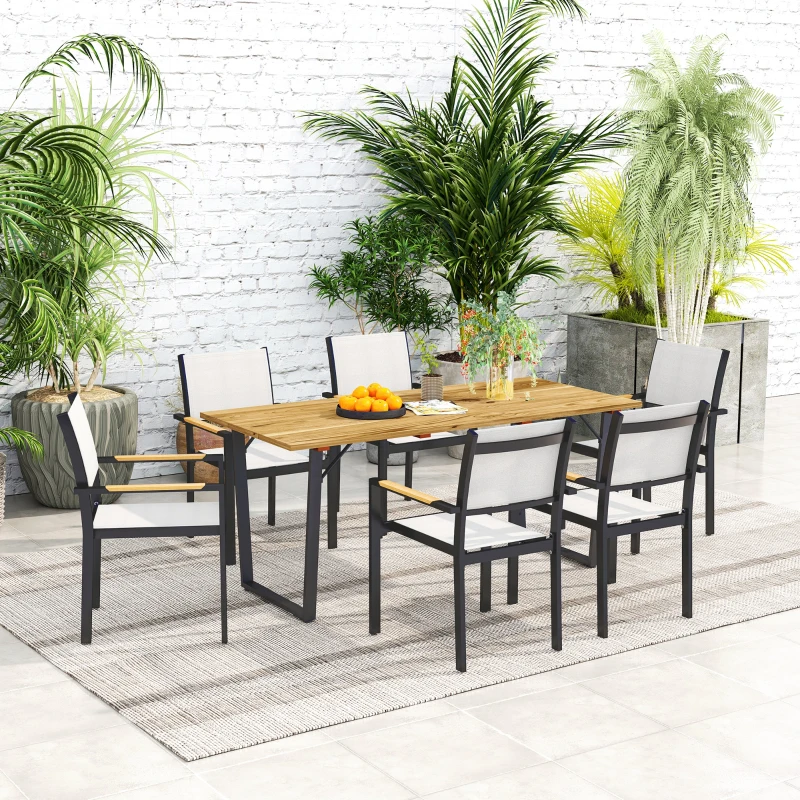 Outsunny Wooden Outdoor Dining Table for 6 with 2" Umbrella Hole, Slatted Tabletop, Metal Frame, for Yard, Deck, Lawn
