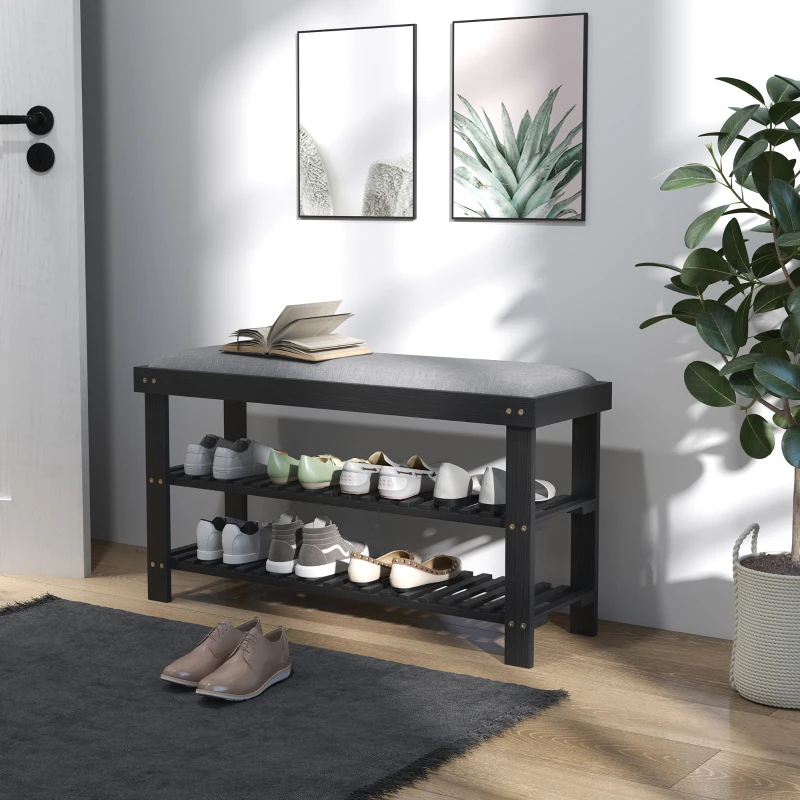 HOMCOM Bamboo Shoe Storage Bench, 3-Tier Entryway Bench with Cushion, Shoe Organizer for Entryway, Hallway, Black