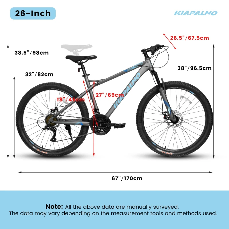 26" Adjustable Mountain Bike with 21-Speed Drivetrain, High-Carbon Steel Frame, Dual Disc Brakes, 67" L x 26.5" W x 38.5" H, Blue+Gray