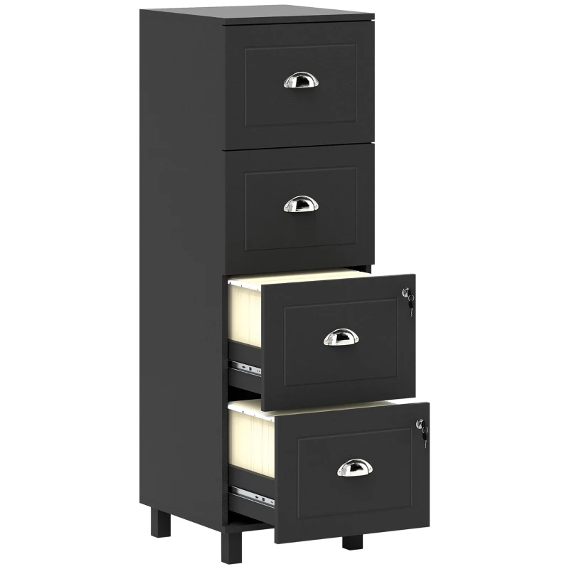 HOMCOM 4 Drawer File Cabinet with Lock, Office Filing Cabinet, A4 Letter Size, Hanging File Folders, Black