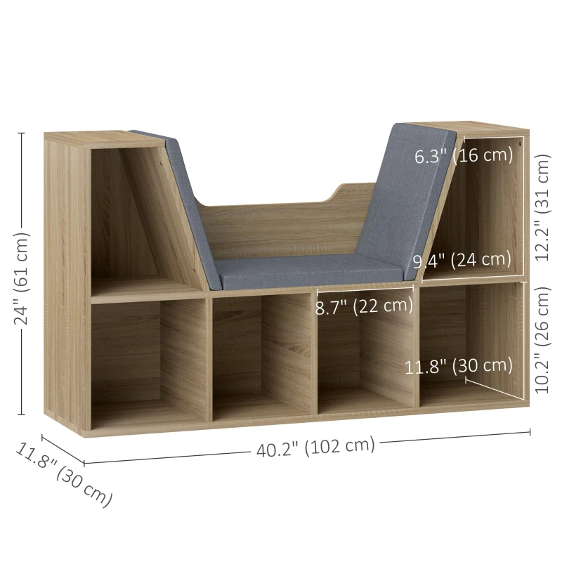 HOMCOM 6-Cubby Bookcase with Seat Cushion, Cube Storage Shelf with Reading Nook for Home Office, Study, Oak