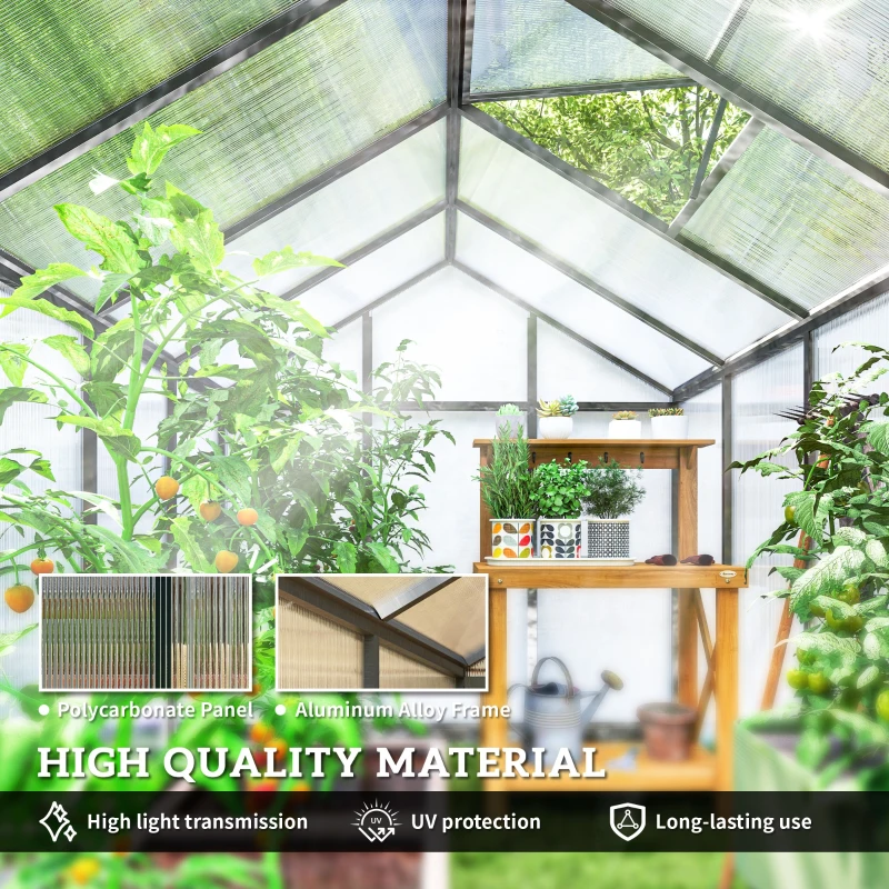Outsunny 6' x 10' x 6.4' Polycarbonate Greenhouse, Aluminum Walk-In Green House Kit Garden, Plants Grow with Rain Gutter and Roof Vent, Charcoal Grey