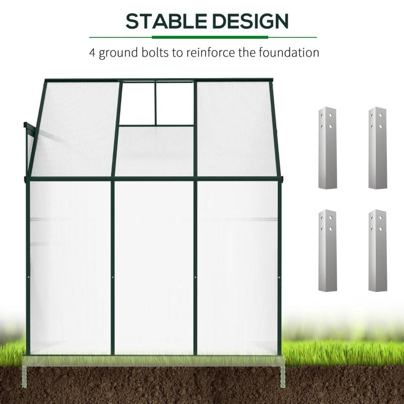 Outsunny Lean-to Greenhouse Walk-in Garden Aluminum Polycarbonate with Roof Vent for Plants Herbs Vegetables 6' x 4' x 7' Green