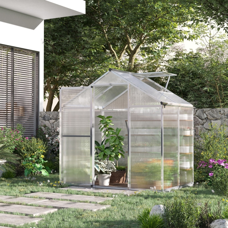 Outsunny 4' x 6.2' x 6.4' Walk-in Garden Greenhouse Polycarbonate