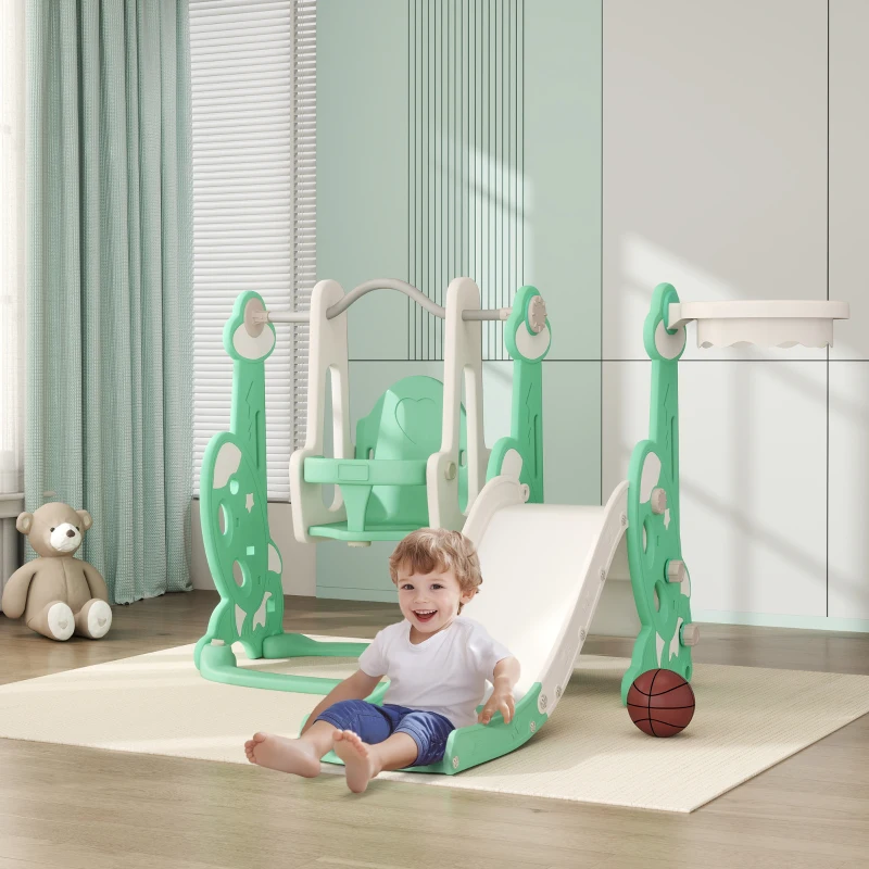 Qaba 4 in 1 Toddler Slide and Swing Set for Ages 1.5-4, Toddler Playset Playground with Climber, Basketball Hoop, Green