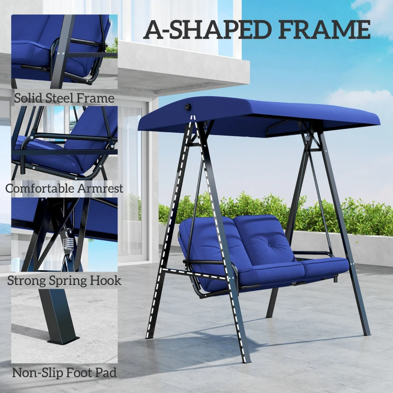 Outsunny 2-Seater Outdoor Porch Swing with Adjustable Canopy, Patio Swing Chair for Garden, Poolside, Backyard, Dark Blue