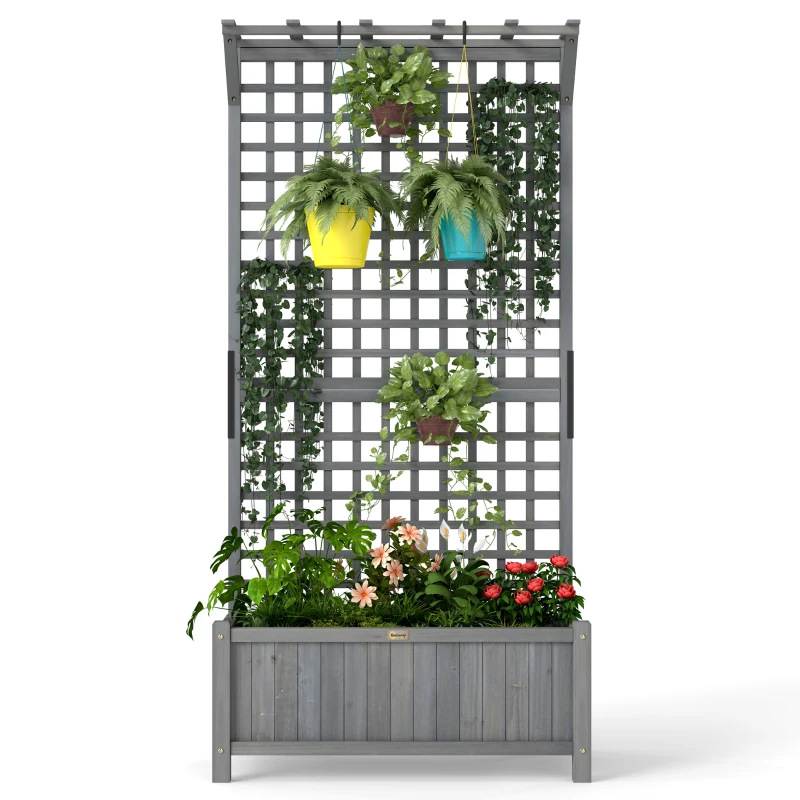 Outsunny Wood Planter with Trellis for Vine Climbing, Raised Garden Bed, Privacy Screen for Backyard, Patio, Deck, Dark Grey