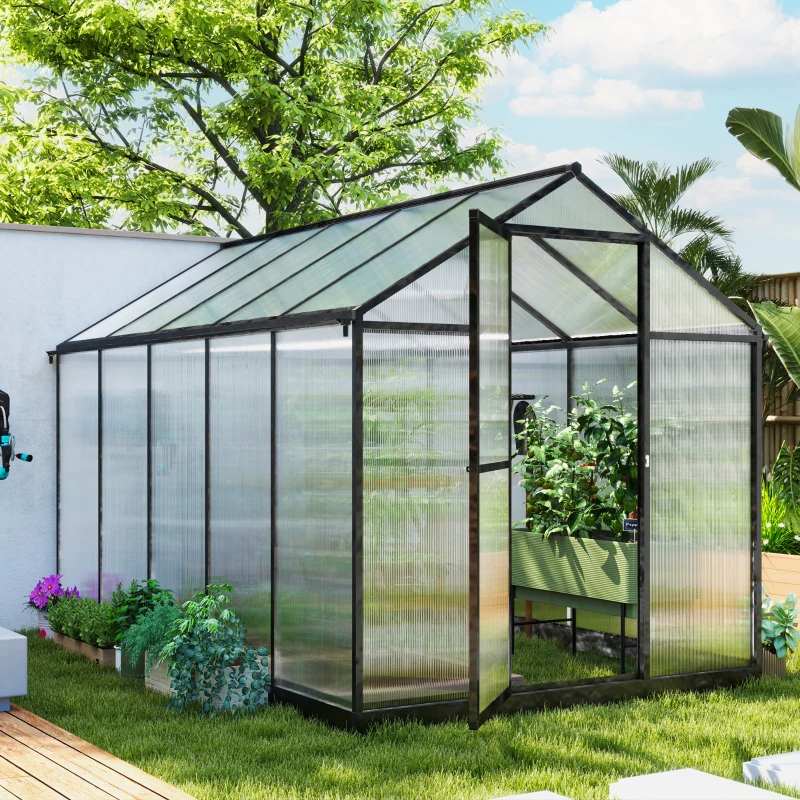 Outsunny 6' x 10' x 6.4' Polycarbonate Greenhouse, Aluminum Walk-In Green House Kit Garden, Plants Grow with Rain Gutter and Roof Vent, Charcoal Grey