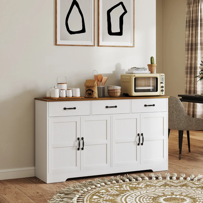 HOMCOM Sideboard Buffet Cabinet with Storage, Modern Coffee Bar Cabinet with 3 Drawers and Adjustable Shelves, Distressed White