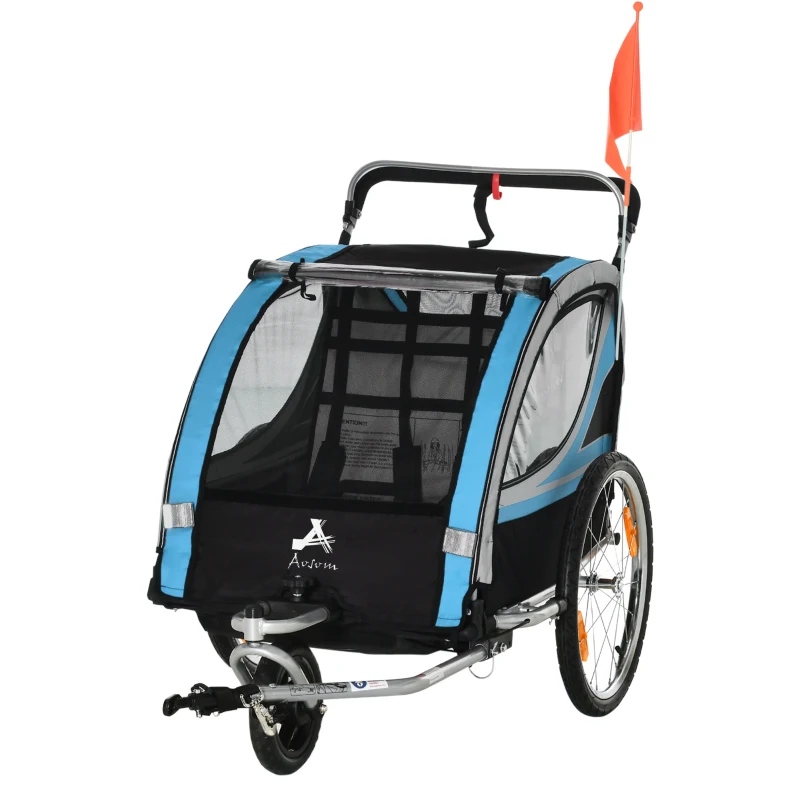 Aosom 2 Seat Bike Trailer for Kids 2-in-1 Double Baby Jogging Stroller with Handbrake, Rubber Wheels, 5 Point Harness, Waterproof Cover, Storage Bag, Reflectors, Blue