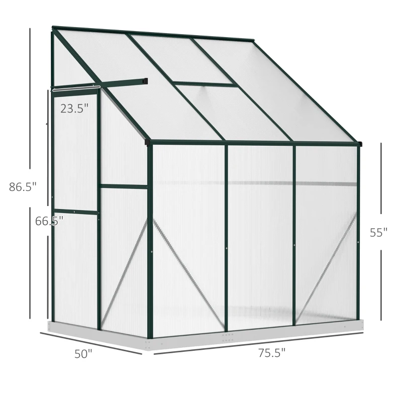 Outsunny Lean-to Greenhouse Walk-in Garden Aluminum Polycarbonate with Roof Vent for Plants Herbs Vegetables 6' x 4' x 7' Green