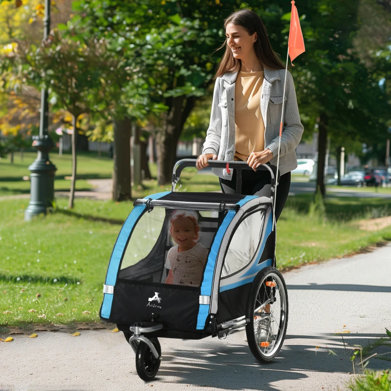Aosom 2 Seat Bike Trailer for Kids 2-in-1 Double Baby Jogging Stroller with Handbrake, Rubber Wheels, 5 Point Harness, Waterproof Cover, Storage Bag, Reflectors, Blue